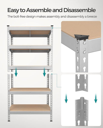 SONGMICS 5-Tier Storage Shelves, Load 2310 lb, Set of 2 Garage Storage, Boltless Assembly, Adjustable Shelving Unit, 11.8 x 29.5 x 59.1 Inches, for Study Shed Basement, Silver UGLR300E02