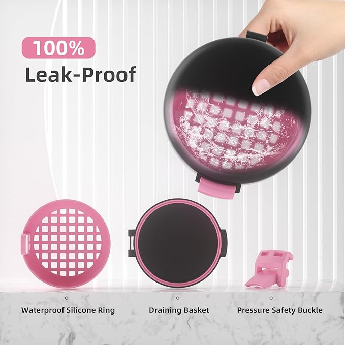 BVN Leak-Proof Denture Bath Cup for Travel, Denture Cup for Soak Dentures, Retainer Cleaning Case with Strainer (Black + Pink)