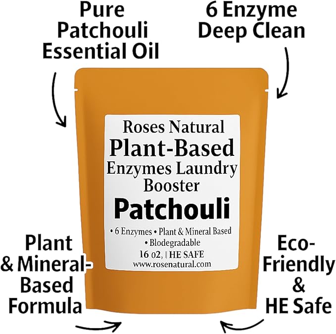 Natural Enzyme Laundry Booster – Patchouli | 6 Enzymes | Deep Clean System | Earthy Essential Oil Scent, Biodegradable, HE Safe, Eco-Friendly Laundry Additive | 16 oz | Made in USA