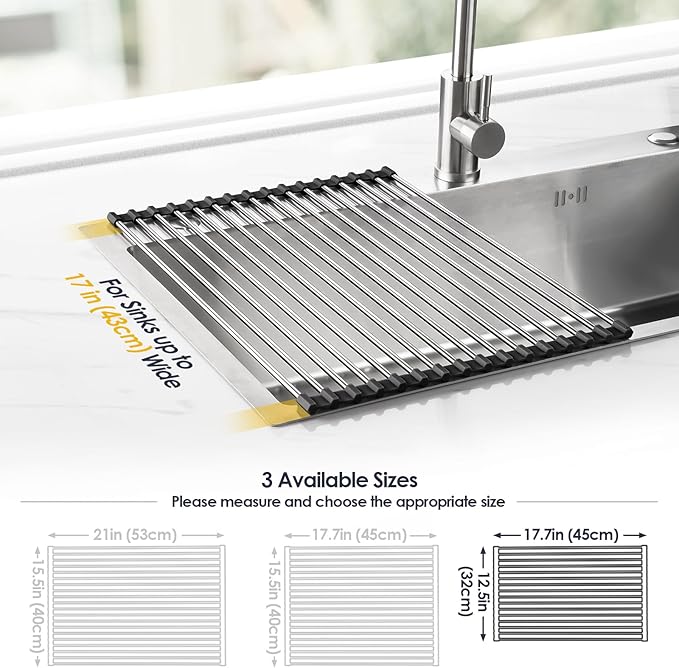 Tomorotec 17.7" x 12.5" Roll Up Dish Drying Rack Over Sink Drying Rack Sink Cover Kitchen Sink Accessories Gadget Multipurpose Organizer Foldable Stainless Steel Drainer