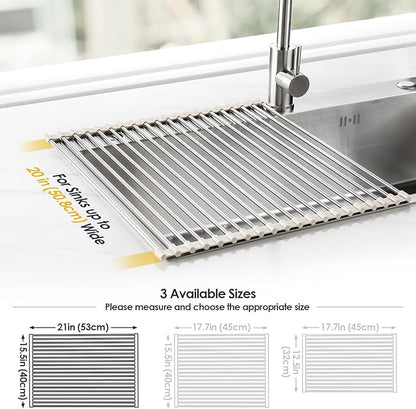 Tomorotec 21" x 15.5" Roll Up Dish Drying Rack Over Sink Drying Rack Sink Cover Kitchen Sink Accessories Gadget Multipurpose Organizer Foldable Stainless Steel Drainer
