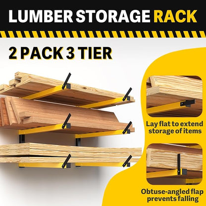 GREENER Lumber Storage Rack Folding Wood Storage Racks Wall-Mounted Metal Racks for Storage with 3-Level Heavy Duty Garage Wood Organizer for Woodworking Shop Indoor & Outdoor Use, 2 pairs,Yellow