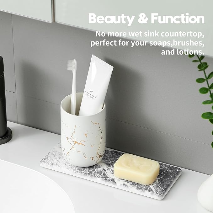 2PCS Bathroom Sink Vanity Trays, Water Absorbing Diatomite Stone Quick Drying Mat for Kitchen Counter, Dish Rack Dispenser Sponge Holder Caddy Organizer, Marble Crack, 9"x3.5"