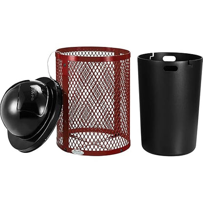Global Industrial 36 Gallon Outdoor Steel Trash Can with Dome Lid and Raised Base, Plastic Liner and Anchor Kit Included, 23-1/2" Diameter x 43" H, Powder Coat Finish, Unassembled, Red