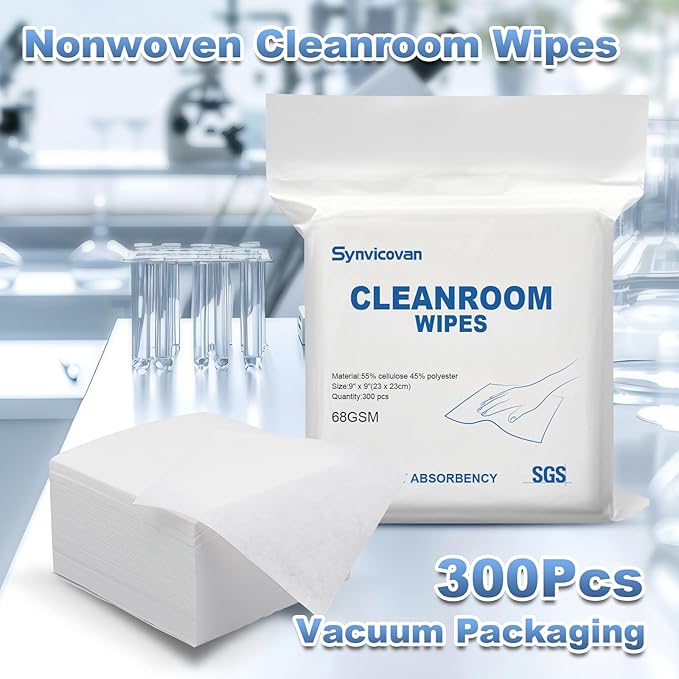 Cleanroom Wipes 9"x9" (300 Pcs, Cellulose/Polyester Blend, Grade A, 68GSM) Lint Free Wipes for Laboratory, Electronics, Pharmaceutical,Printing,Automotives and Semiconductor Industries