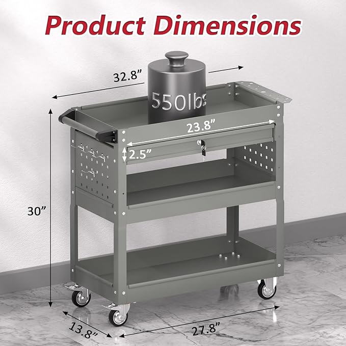 3 Tier Rolling Tool Cart on Wheels, Heavy Duty Industrial Utility Cart Service Cart with Drawer and Screwdriver Rack Pegboard, 550 LBS Mobile Tool Storage Organizer for Workshop, Garage(Gray)