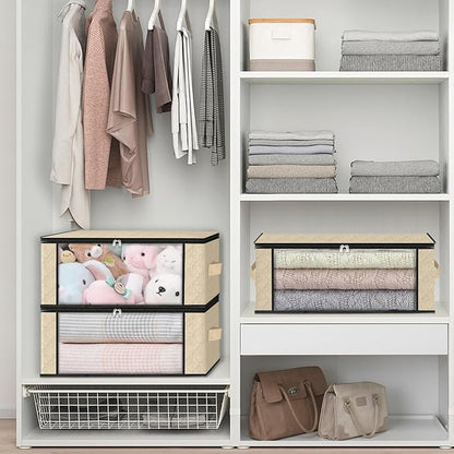 HomeHacks Storage 4-Pack Clothes Organizer Storage Bags Foldable Storage Box with Large Clear Window Sturdy Handles for Closet, Dorm, Pillows, Bedding, Clothes, Blankets, 35L, Beige