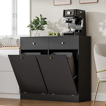 Double Tilt Out Trash Can Cabinet, Trash Storage Cabinet with 2 Drawers, Hidden Garbage Bin, Free Standing Laundry Sorter Organizer for Kitchen Dining Living Room, Bathroom, Black