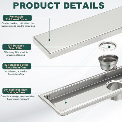 uxcell Rectangular Shower Drain, Brushed 304 Stainless Steel Odor-Proof Floor Drain Linear Shower Drain Hair Catcher for Bathroom Kitchen and Laundry Room(16 Inch, Brushed Silver)