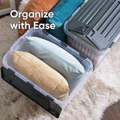 Superio Clear Storage Boxes with Attached Lids, Plastic Container Bins with Hinged Lids for Organizing, Stackable Crates, BPA Free, Non Toxic Organizers (4 Pack, 17"x11.65"x8.75")