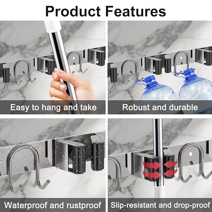 Mop Broom Holder Wall Mount, 2 Packs Silver Stainless Steel Tool Storage Organizer for Kitchen Garden Garage Laundry Room Bathroom and RV with 4 Slots 6 Hooks