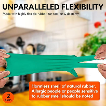 Vgo... 2-Pairs Reusable Household Gloves, Rubber Dishwashing gloves, Extra Thickness, Long Sleeves, Kitchen Cleaning, Working, Painting, Gardening, Pet Care (Size L, Green, HH4601)