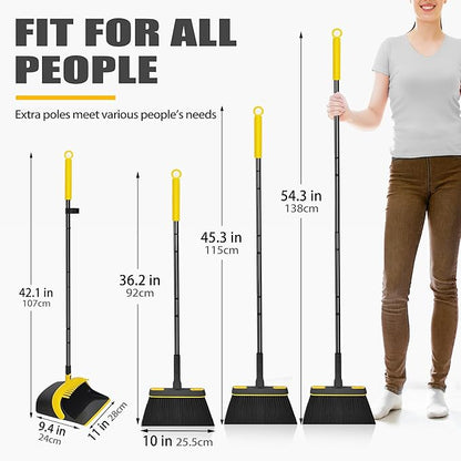 JEHONN Broom and Dust Pan, 54.3 inches Long Handle Swivel Brush, Upright Foldable Dustpan with Comb Teeth for Home Kitchen Lobby Indoor Floor Cleaning (Black & Yellow)