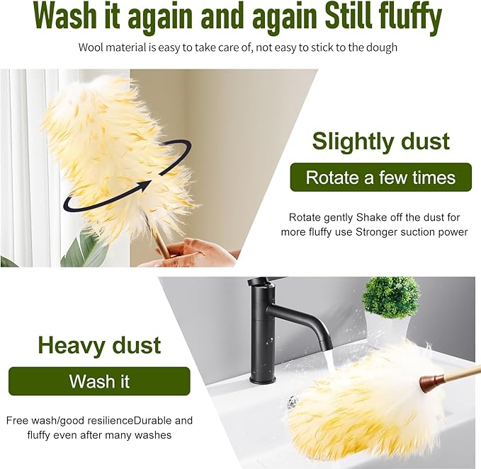 Natural Lambswool Duster 20 Inch Handheld with Wooden Handle Duster Dusting Tool for Blinds Electronics Furniture Delicate Surfaces (2Pcs)