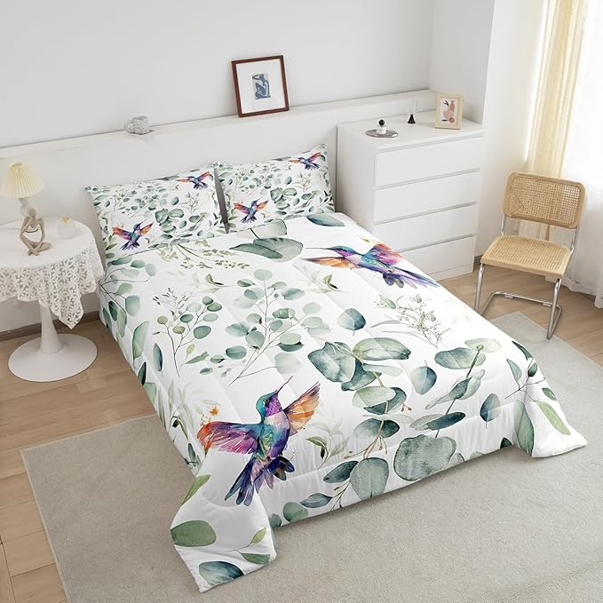 Erosebridal Cartoon Hummingbird Bedding Toddler Size Wildlife Bird Comforter Set, Plant Duvet Insert Eucalyptus Leaf Quilt Comforter, Jungle Animal Theme Bedding Comforters & Sets Kids Room Decor