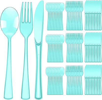 Minatee 150 Pieces Disposable Cutlery Set Plastic Silverware Heavy Duty Utensil Sets 50 Forks 50 Knives 50 Spoons for Home Office School Party Picnics Restaurant Outdoor Events(Light Green)