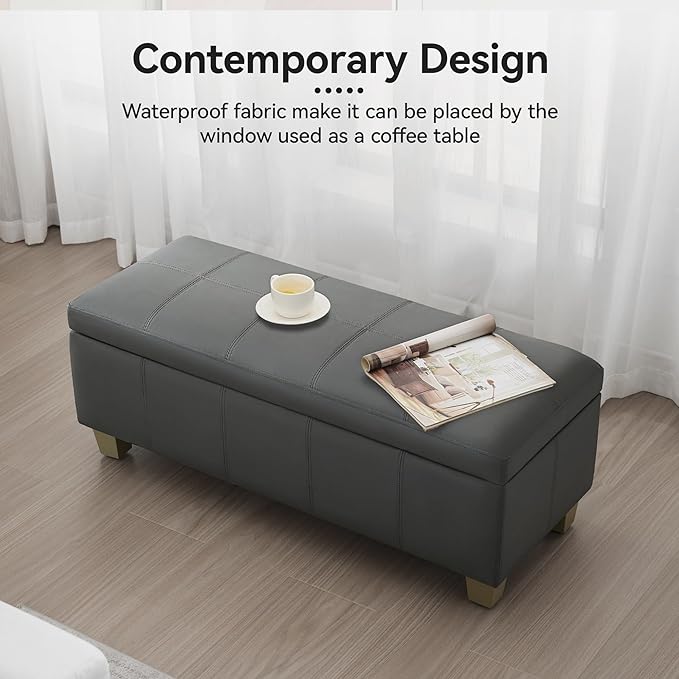 41" Faux Leather Storage Ottoman, Stitch Tufted Rectangle Upholstered End of Bed Storage Bench, Entryway Large Couch Ottoman with Wooden Legs,Dark Grey