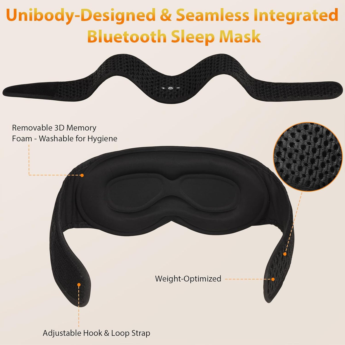 Bluetooth Sleep Mask HF016 Sleep Headphones with Detachable & Washable 3D Contoured Eye Mask, Integrated Adjustable Hook-and-Loop Eye Masks for Sleep, Perfect for Men/Women/Teens Sleep Gifts
