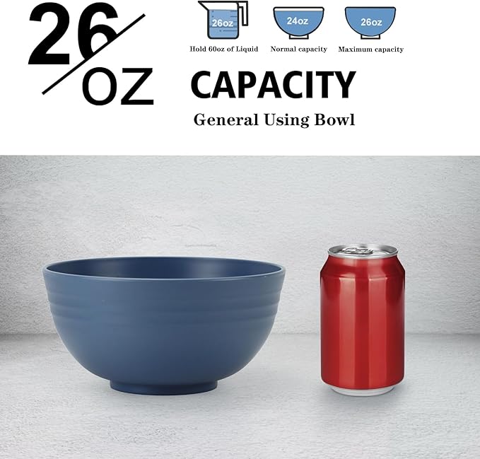 Wheat Straw Bowl Sets,8 PCS Unbreakable Cereal Bowls 26 OZ,Microwave and Dishwasher Safe Bowls,Kitchen Bowl suitable for cereal,salad,snack and soup (Navy Blue)