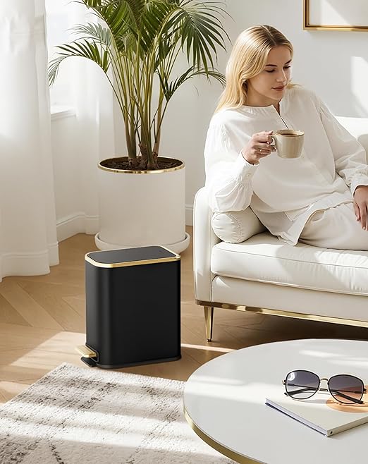 Cesun Small Bathroom Trash Can with Lid Soft Close, 5 Liter/1.3 Gallon Stainless Steel Garbage Can with Removable Inner Bucket, Step Pedal, Slim Waste Basket for Toilet, Office, Bedroom (Black&Gold)