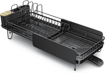 Large Dish Drying Rack - Expandable (19.3" to 29.4") Dish Rack for Kitchen Counter, Stainless Steel Dish Drainer with Utensil Holder, Pan Holder & Pot Lid Holder, Black
