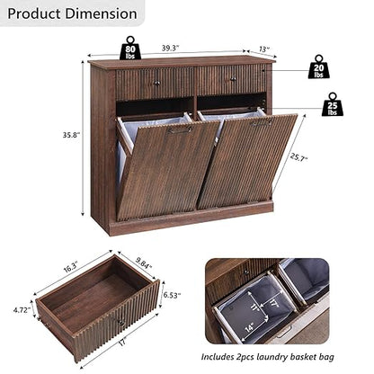 Modern Double Tilt-Out Trash Cabinet, 20 Gallon Fluted Laundry Hamper Cabinet with 2 Drawers, Wooden Hidden Garbage Can Cabinet w/Storage Basket,Free Standing for Kitchen & Living Room, Brown