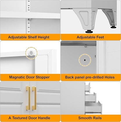 75" Tall Metal Storage Cabinet, Kitchen Pantry Storage Cabinets with Doors and Shelves, White Pantry Cabinet with 3 Drawer, Utility Kitchen Cupboard, Large Steel Cabinets for Living Room