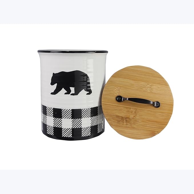 Young's Ceramic Treat Jar with Airtight Lid, Black and White Buffalo Plaid Bear Dog Treat Container, Decorative Cat Food Storage Canister