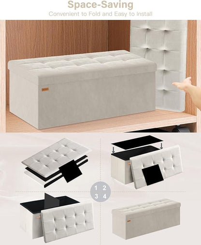 Folding Storage Ottoman, Velvet Storage Bench, Footrest, Removable Divider, for Living Room, Bedroom, 15 x 43 x 15 Inches, 660 lb Load Capacity, Cream White UASND02W
