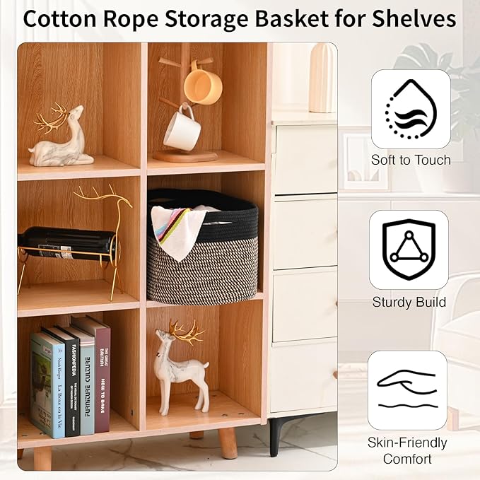 Woven Cotton Rope Storage Basket for Organizing, Cute Decorative Baskets for Gifts Empty, Organizer Bins for Dog Toy, Baby Laundry, 15“×11”×9.5“, Jute & Black