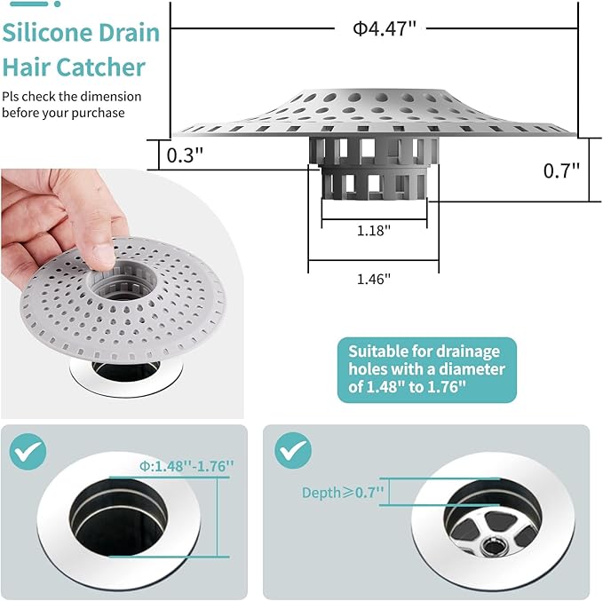 Bathtub Drain Hair Catcher,Silicone Tub Hair Catcher Drain Protector,All-in-one Shower Hair Drain Catcher Strainer for 1.48'' to 1.76'' Regular Drains, 3PCS(Patent Pending)