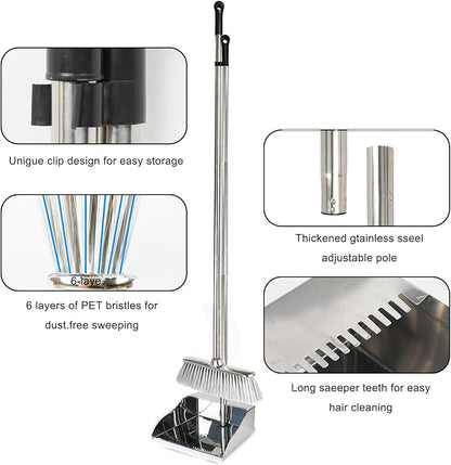 Broom and Dustpan Set,Soft Bristles Indoor Kitchen Broom with Stainless Steel Dustpan ，Metal Dust Pan，Silvery White, Suitable for Ceramic Tiles, Solid Wood, Composite Flooring