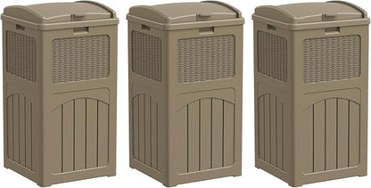 Greesum 33 Gallon Resin Outdoor Trash Can with Lid, Waterproof Resin Garbage Bin for Hideaway, Patio, Deck, 3 Pack, Light Brown