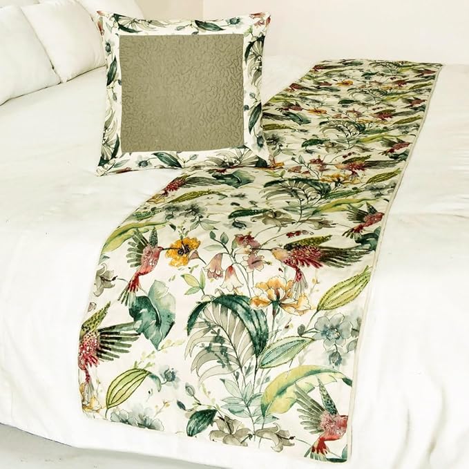 The HomeCentric King Queen Twin Ivory & Multi Designer Queen 74"x18" Bed Runner Without Pillow Cover, Bird, Sequins & Beaded Bed Scarf on Cotton Fabric - Exotic Birds