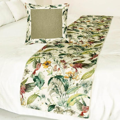 The HomeCentric King Queen Twin Ivory & Multi Designer Full 68"x18" Bed Runner with Pillow Cover, Bird, Sequins & Beaded Bed Scarf on Cotton Fabric - Exotic Birds