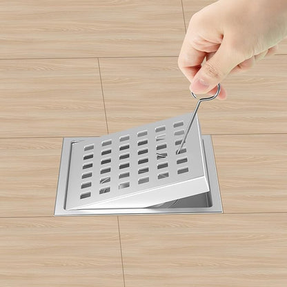 6 Inch Square Shower Drain Chrome, Bathroom Floor Drain, Stainless Steel Drain Kit with Flange, Removable Grid Cover, Hair Strainer