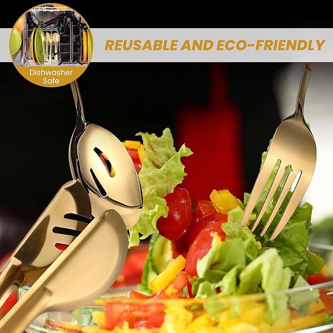 Patelai 8 Pieces Christmas Stainless Steel Gold Serving Utensils Set 8.7" Large Spoons and Slotted Spoon 9.45" Tong 9" Forks Flatware Wedding Party Buffet Banquet Cooking Kitchen Catering