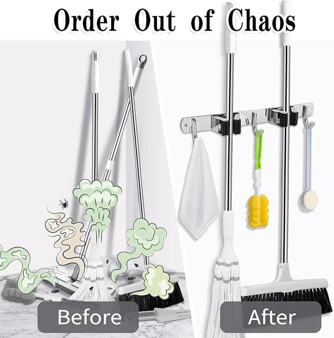 2 Racks and 3 Hooks Broom and Mop Holder Wall Mounted Garage Organizer Storage Tool Racks Stainless Steel Heavy Duty Hooks Self Adhesive Solid Non-slip Wall Hangers for Home Kitchen Garden Laundry