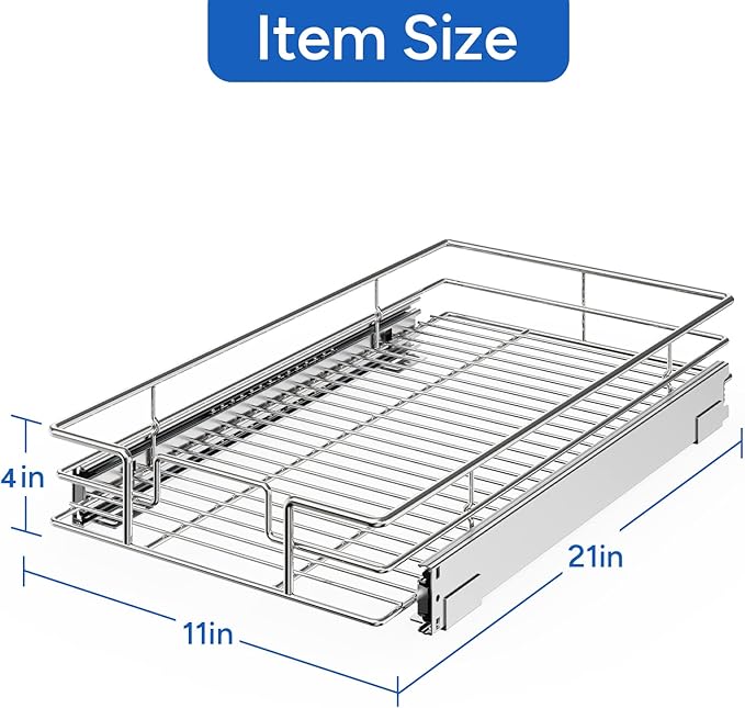 ROOMTEC Pull Out Cabinet Organizer, Cabinet Pull Out Shelves 11" W x 21" D, Heavy Duty Cabinet Drawers Slide Out Kitchen Cabinet Organizers Storage Shelf