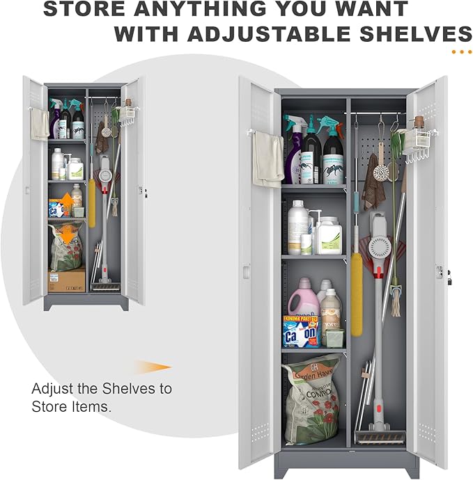 Broom Closet, Metal Storage Cabinet with Hanging Rod, 65" Broom Tool Organizer, Metal Cabinet with Doors and Shelves, Tall Cleaning Storage for Home, Office, Garage, Balcony