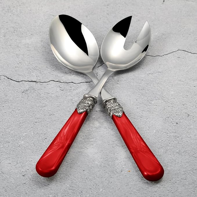 2-piece Salad Servers Stainless Steel Salad Serving Set Salad Fork and Spoon (Red)