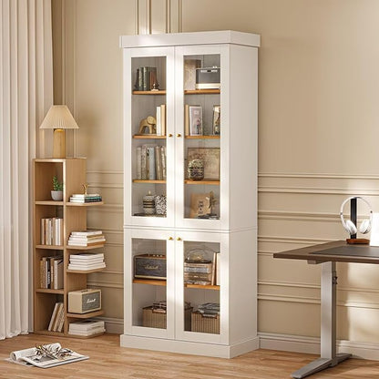 70.8" Tall Farmhouse Kitchen Pantry Cabinet with Glass Doors, Modular Wooden Storage Cabinet with 6-Tier Adjustable Shelves, Hutch for Kitchen or Living Room, White, Set of 2