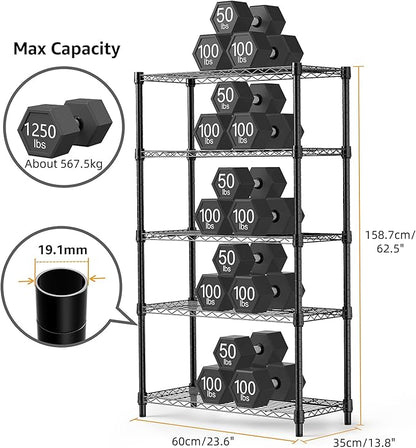 1250 lbs Storage Shelving Utility Shelving Unit 5-Tier Utility Shelving Unit Steel Organizer Wire Rack for Home,Kitchen,Office (13.7" D x 23.6" W x 62.4" H)