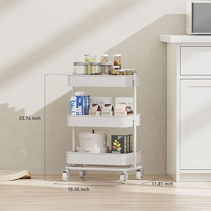 3-Tier Modern Metal Rolling Utility Cart with Silent Casters, 15.35x11.81x23.74 inch Heavy Duty Organizing Cart Trolley Organizer for Office, Living Room, Kitchen，(White)