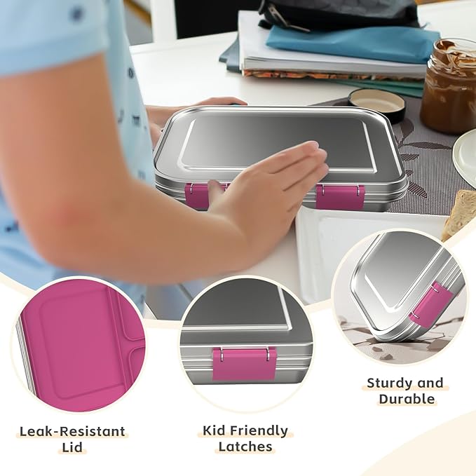 Stainless Steel Kids Leak-Resistant Bento Lunch Box, 3-Compartments with Silicone Container, Dishwasher-Safe, Child-Friendly Design for School, Picnics & Travel,BPA-Free(Pink)