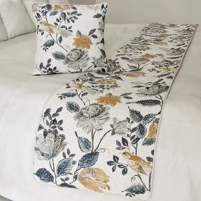 The HomeCentric King/Queen/Twin Blue & Ivory Designer King 90"x18" Bed Runner Without Pillow Cover, Bird, Pearl & Quilted Bed Scarf on Linen Fabric - Vintage Birdena