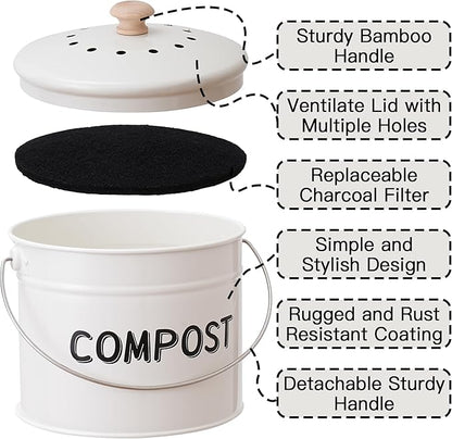 Compost Bin for Kitchen Counter, 1 Gallon Compost Bucket with Lid and Charcoal Filter, Countertop Composter, Rust Proof Indoor Food Waste Bin, White