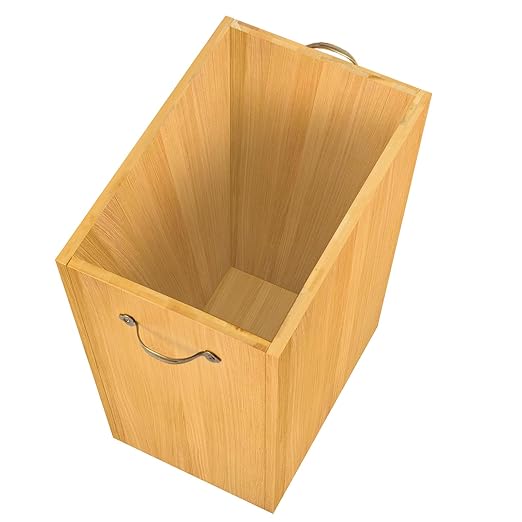 SEHERTIWY Wood Trash Can, Farmhouse Wastebasket Bin for Bathroom, Office, Bedroom, Living Room, Small Square Rustic Garbage Container with Metal Handle (Wood-Black-Handle)