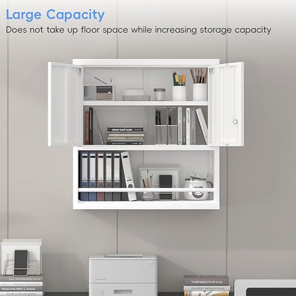 Metal Wall Storage Cabinet, Steel Storage Cabinets with Locking Doors and Shelves, Hanging Cabinet with Guard Bar, Ideal for Kitchen, Laundry, Home Office