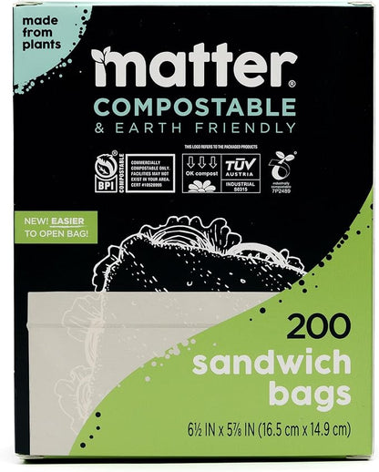 Matter Compostable Sandwich Bags for Food Storage, Eco-Friendly, Resealable, 200 Count